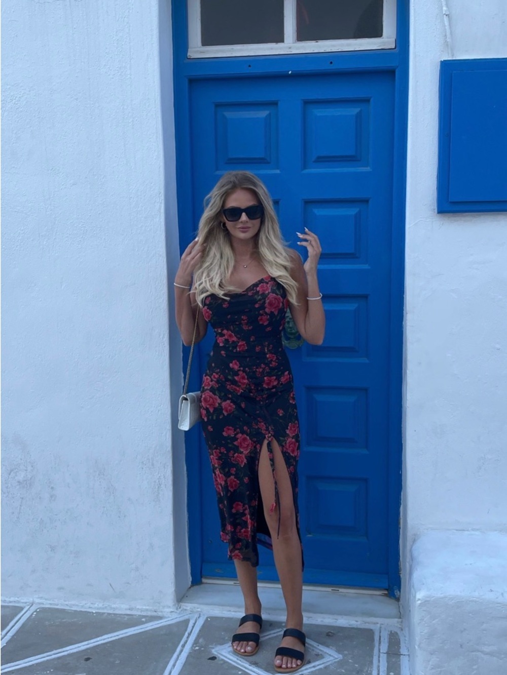 Lulu's Black Slip Dress with Red Floral Print — Asymmetrical Ruched Midi